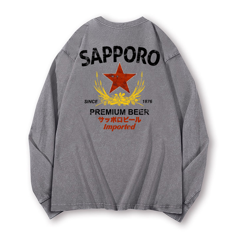 Sapporo Beer Vintage Washed Cotton Back Art Long-sleeve T-shirt