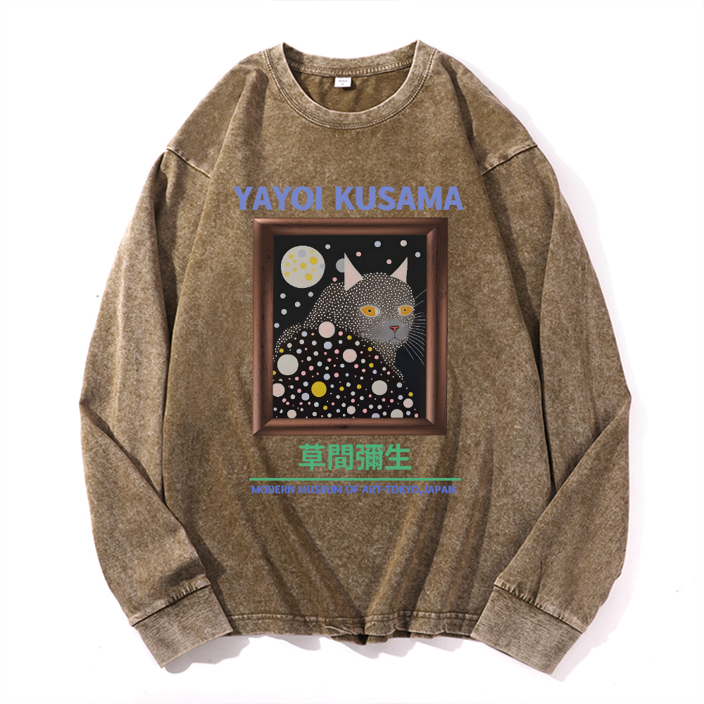 Yayoi Kusama Cat Vintage Cotton Wash Crewneck Long-Sleeve T-Shirt