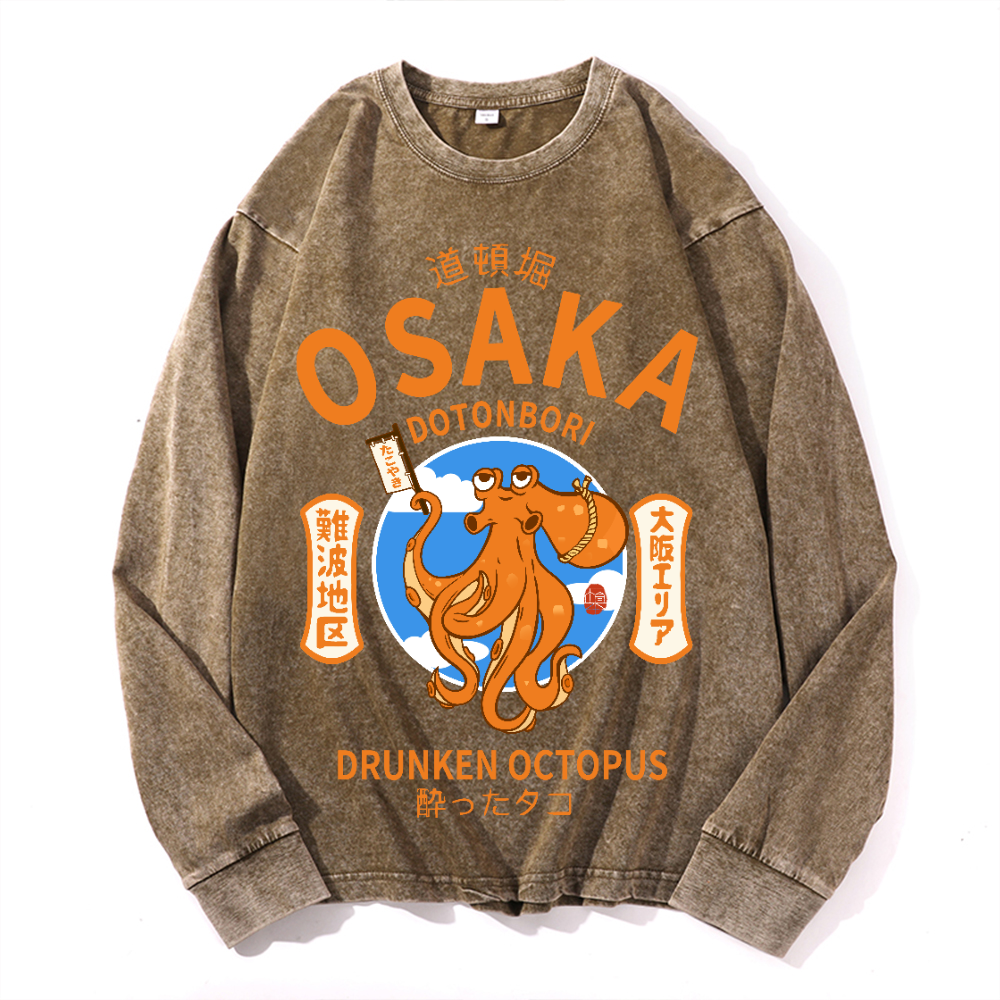 Osaka Dotonbori Drunken Octopus Vintage Cotton Wash Crewneck Long-Sleeve T-Shirt