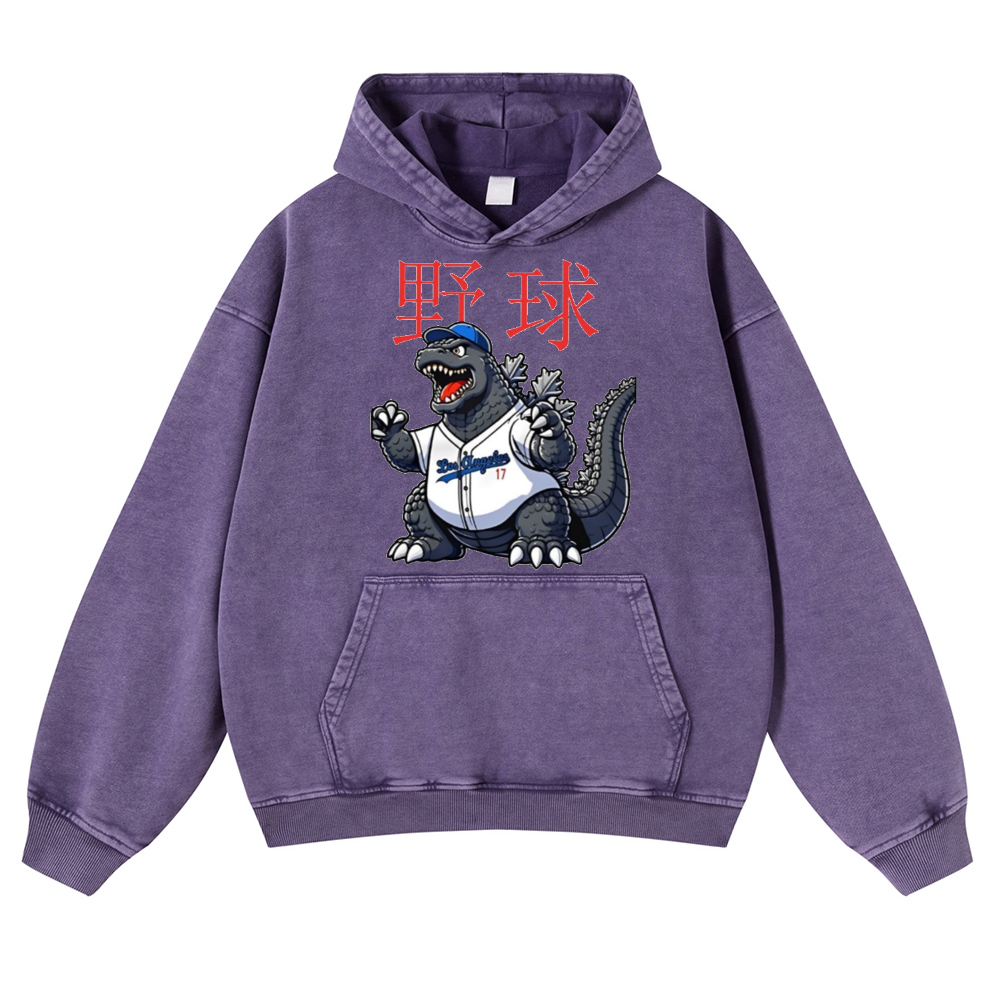 Kaiju Baseball Adventure Vintage Washed Thick Cotton Hoodie