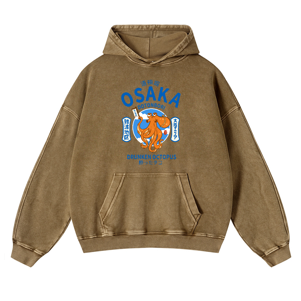 Osaka Dotonbori Drunken Octopus Vintage Washed Thick Cotton Hoodie