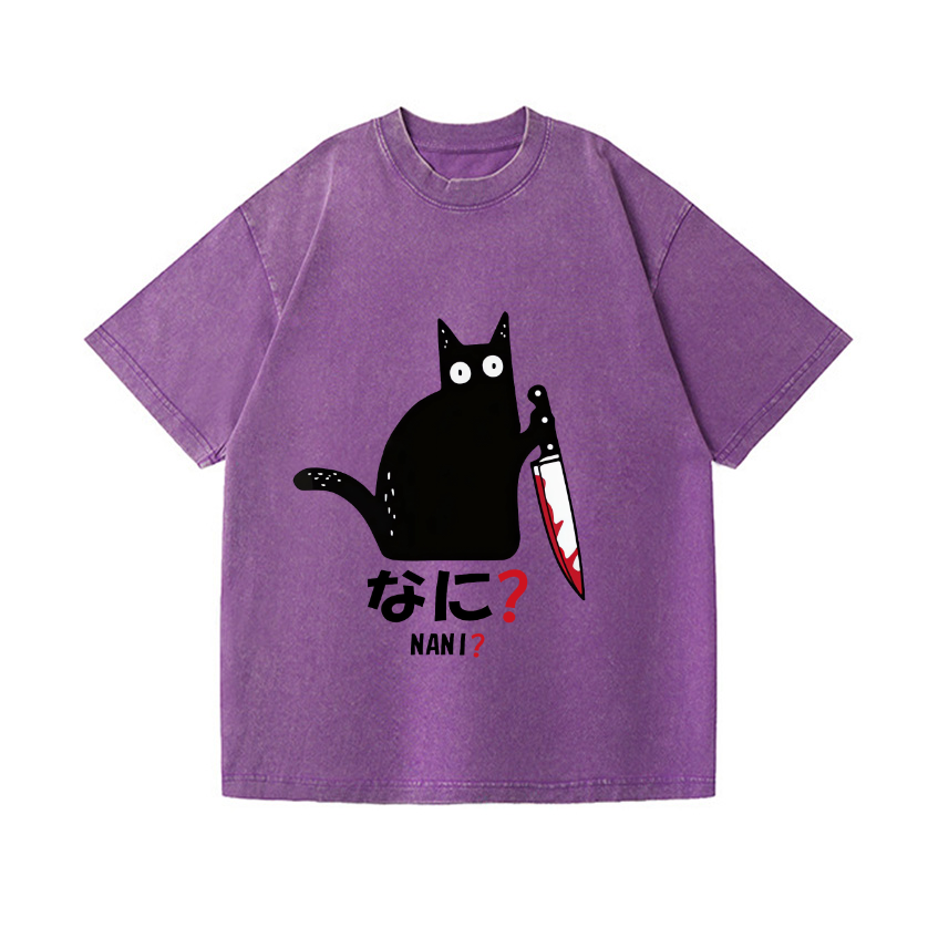 The Black Cat with a Knife Vintage Wash Japanese Design T-Shirt