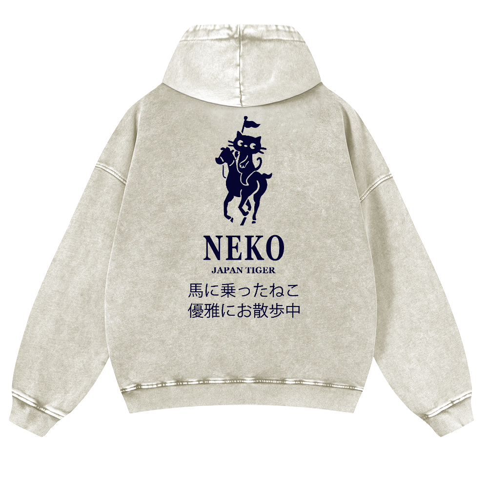 Neko Cat Vintage Washed Cotton Back Art Hoodie