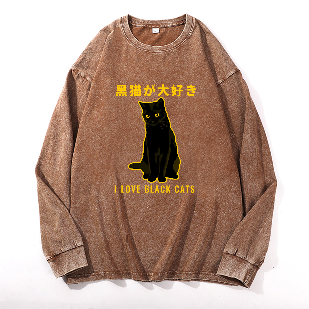 Black Cat Vintage Cotton Wash Crewneck Long-Sleeve T-Shirt