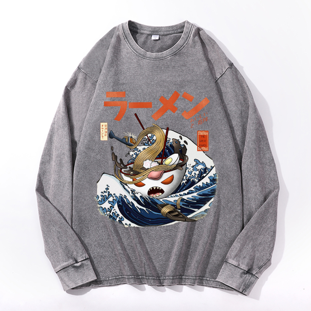 Ramen Wave Vintage Cotton Wash Crewneck Long-Sleeve T-Shirt