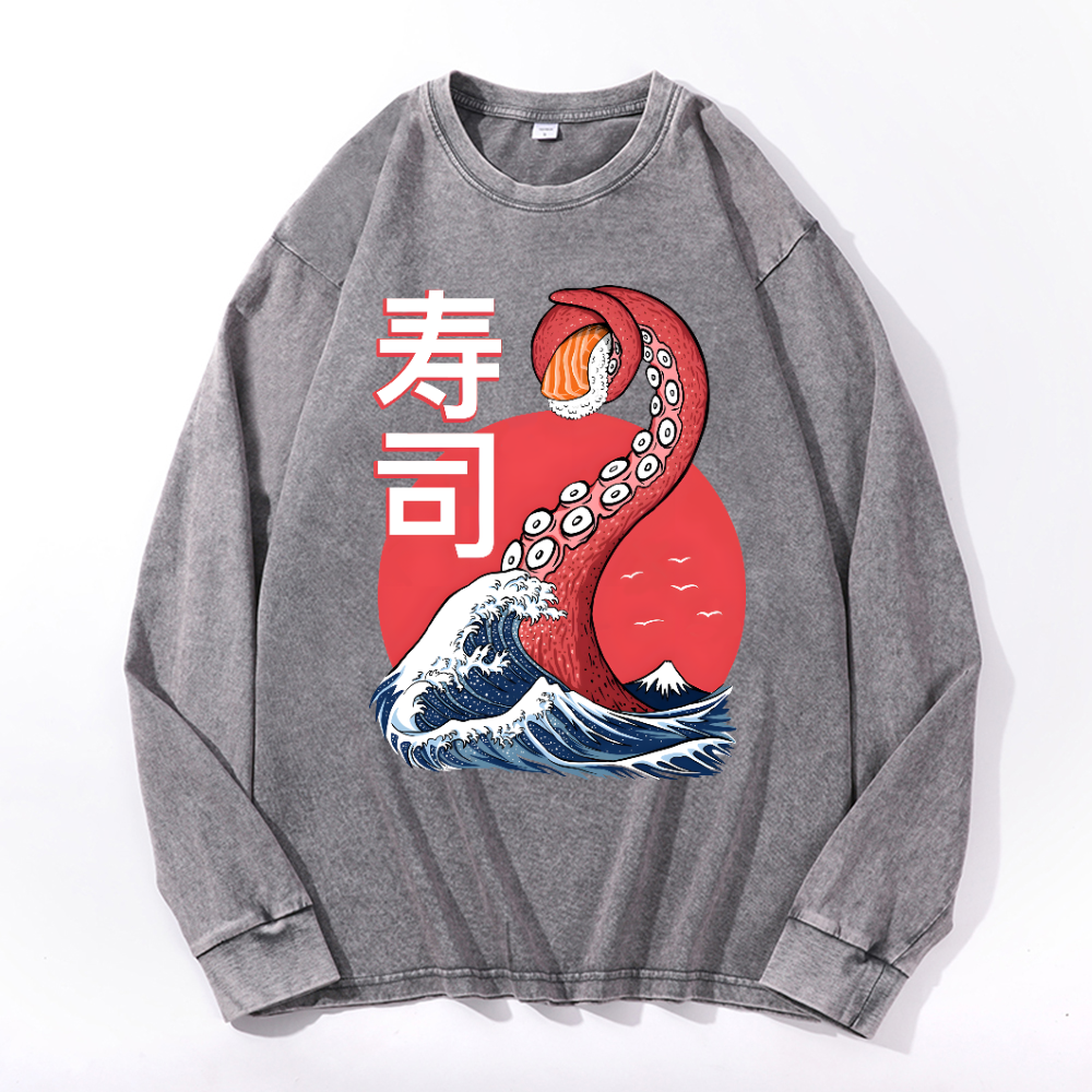 Sushi Octopus Vintage Cotton Wash Crewneck Long-Sleeve T-Shirt