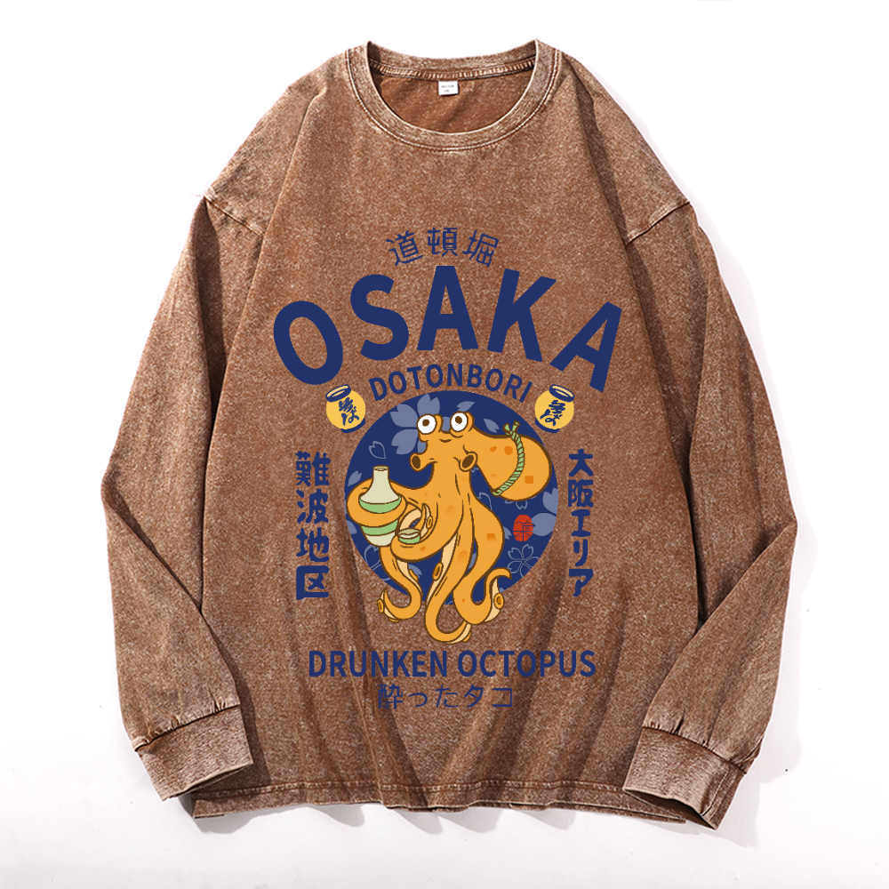 Osaka Dotonbori Drunken Octopus Vintage Cotton Wash Crewneck Long-Sleeve T-Shirt