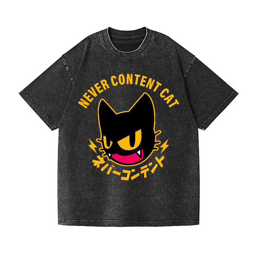 Never Content Cat Vintage Wash Japanese Design T-Shirt