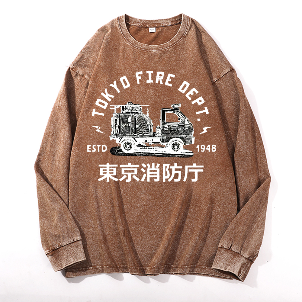 Mini Fire Truck Vintage Cotton Wash Long-sleeve T-shirt