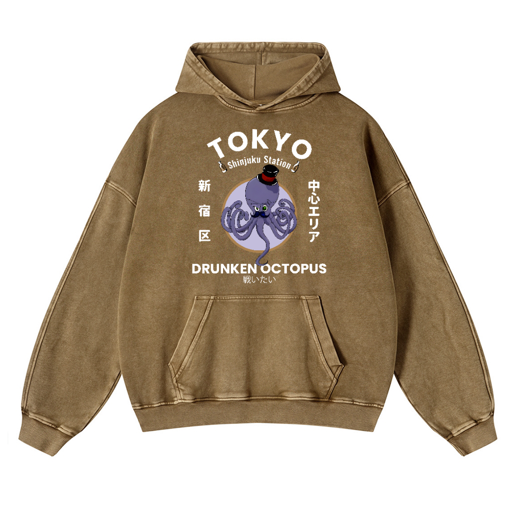 Tokyo Drunken Octopus Vintage Washed Thick Cotton Hoodie