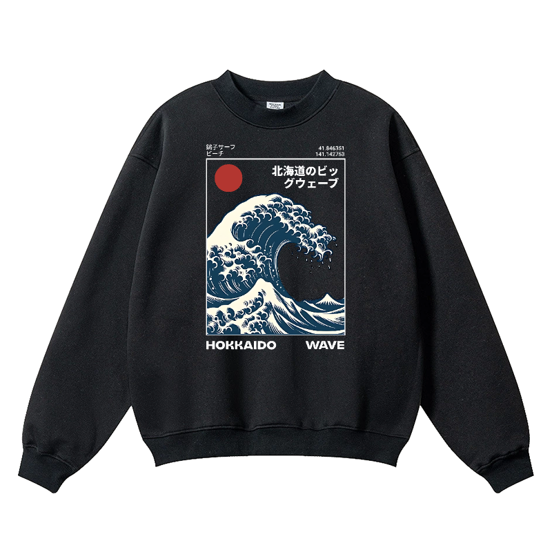 Hokkaido Wave Ukiyoe Vintage Cotton Blend Crewneck Sweatshirt