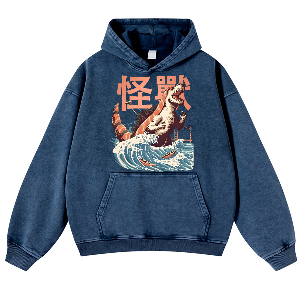 Kaiju Sushi Monster Wave Vintage Washed Thick Cotton Hoodie