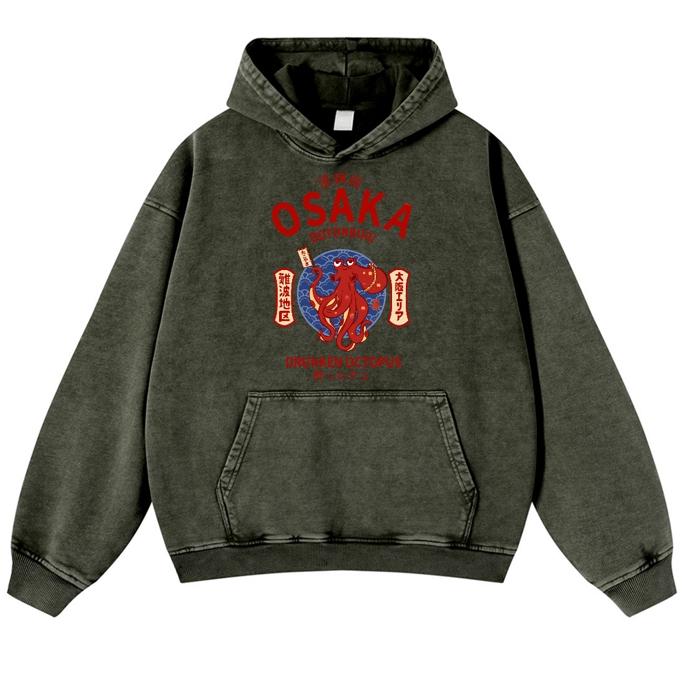 Osaka Dotonbori Drunken Octopus Vintage Washed Thick Cotton Hoodie