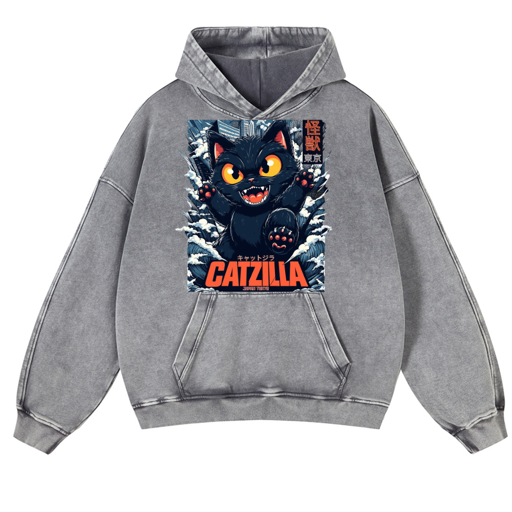 Catzilla Cat Kaiju Vintage Washed Thick Cotton Hoodie