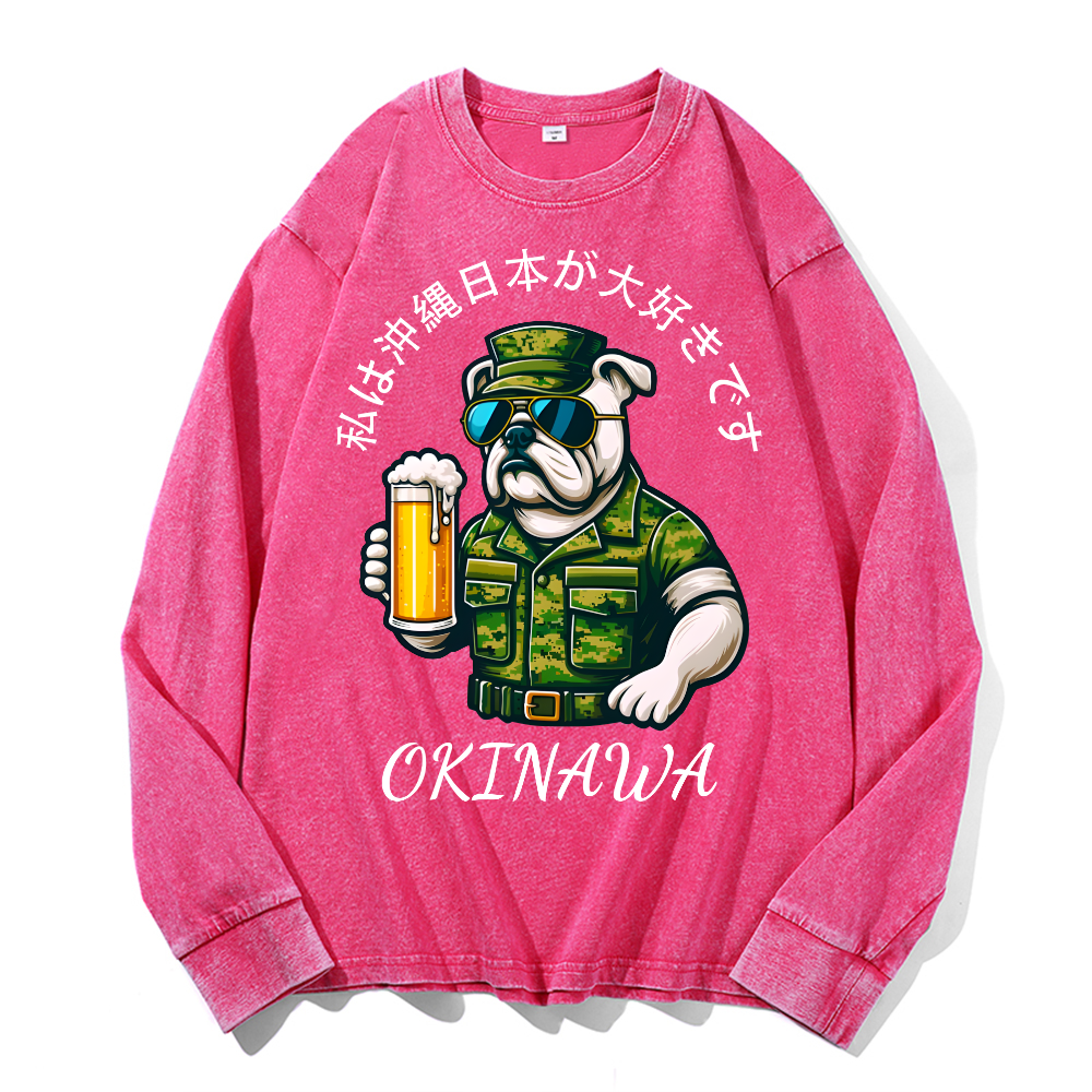 Okinawa Dog Vintage Cotton Wash Crewneck Long-Sleeve T-Shirt