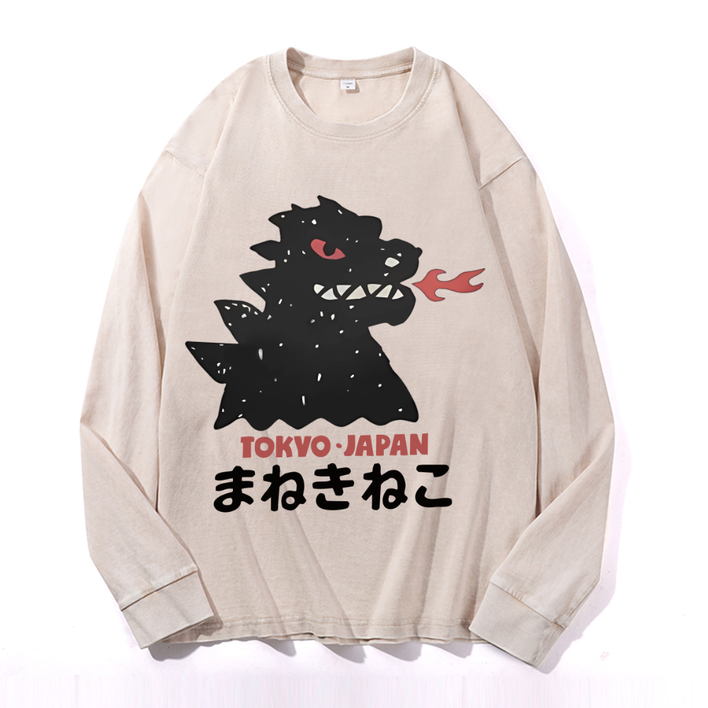 Kaiju Vintage Cotton Wash Crewneck Long-Sleeve T-Shirt