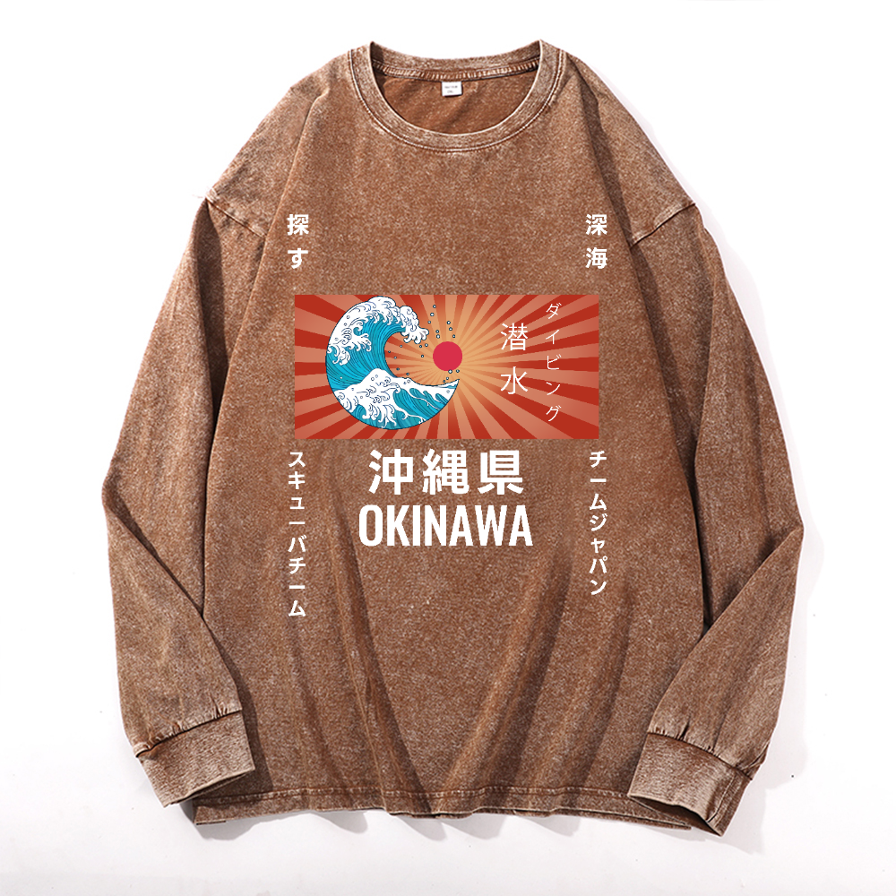 Okinawa Wave Vintage Cotton Wash Crewneck Long-Sleeve T-Shirt