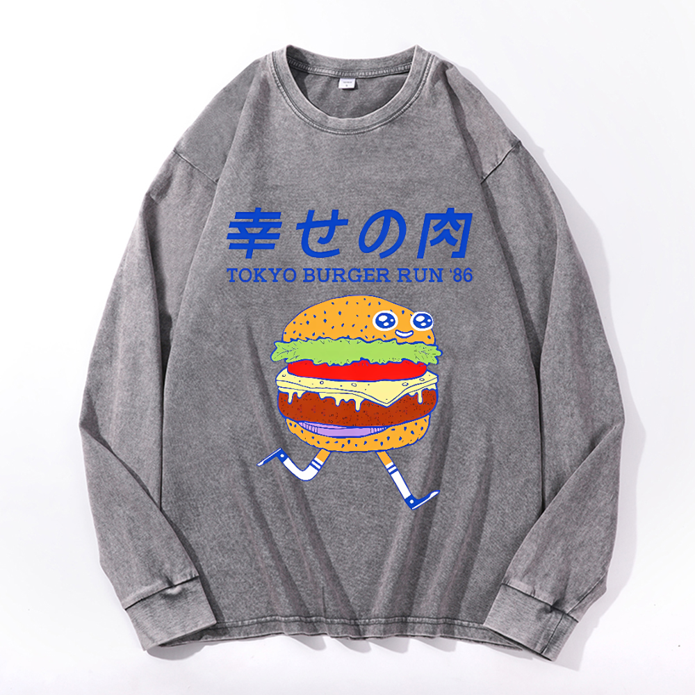 Tokyo Burger Run 86 Vintage Cotton Wash Crewneck Long-Sleeve T-Shirt