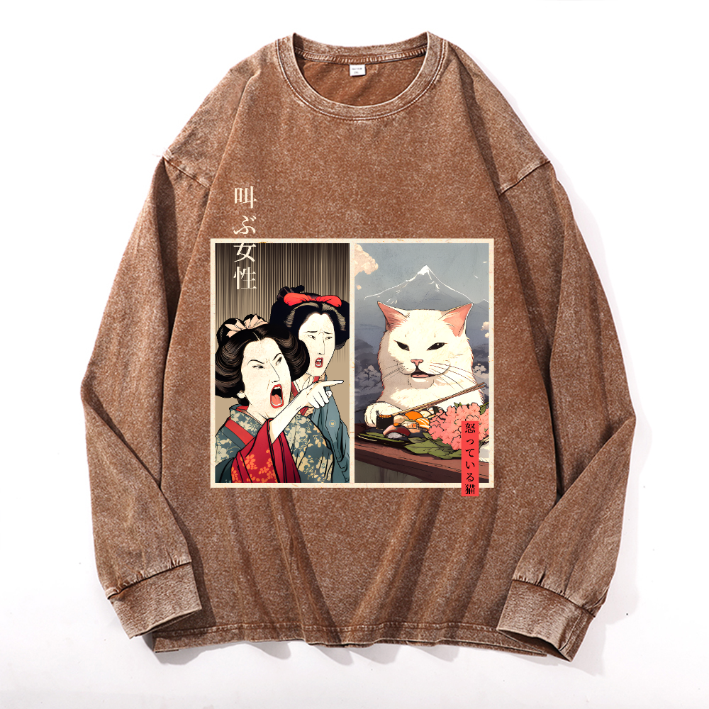 Women Yelling Cat Vintage Cotton Wash Crewneck Long-Sleeve T-Shirt