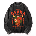 Osaka Dotonbori Drunken Octopus Vintage Cotton Wash Crewneck Long-Sleeve T-Shirt