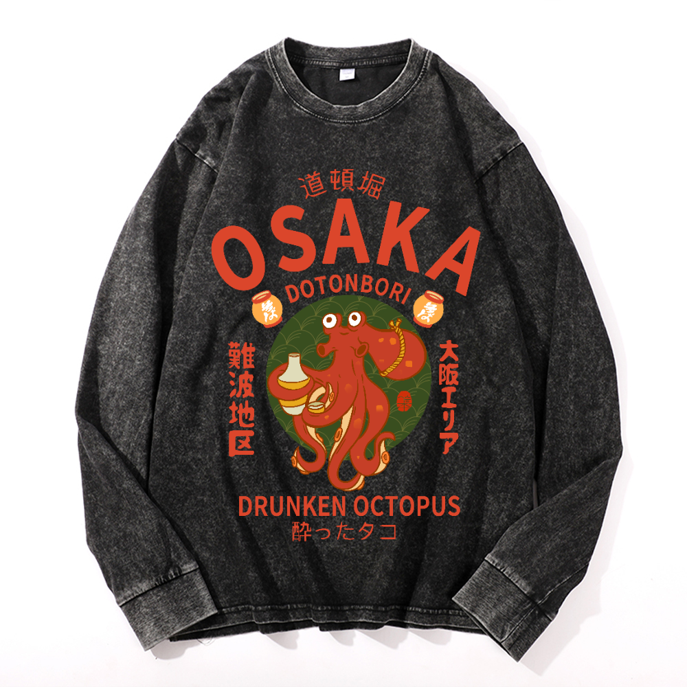 Osaka Dotonbori Drunken Octopus Vintage Cotton Wash Crewneck Long-Sleeve T-Shirt