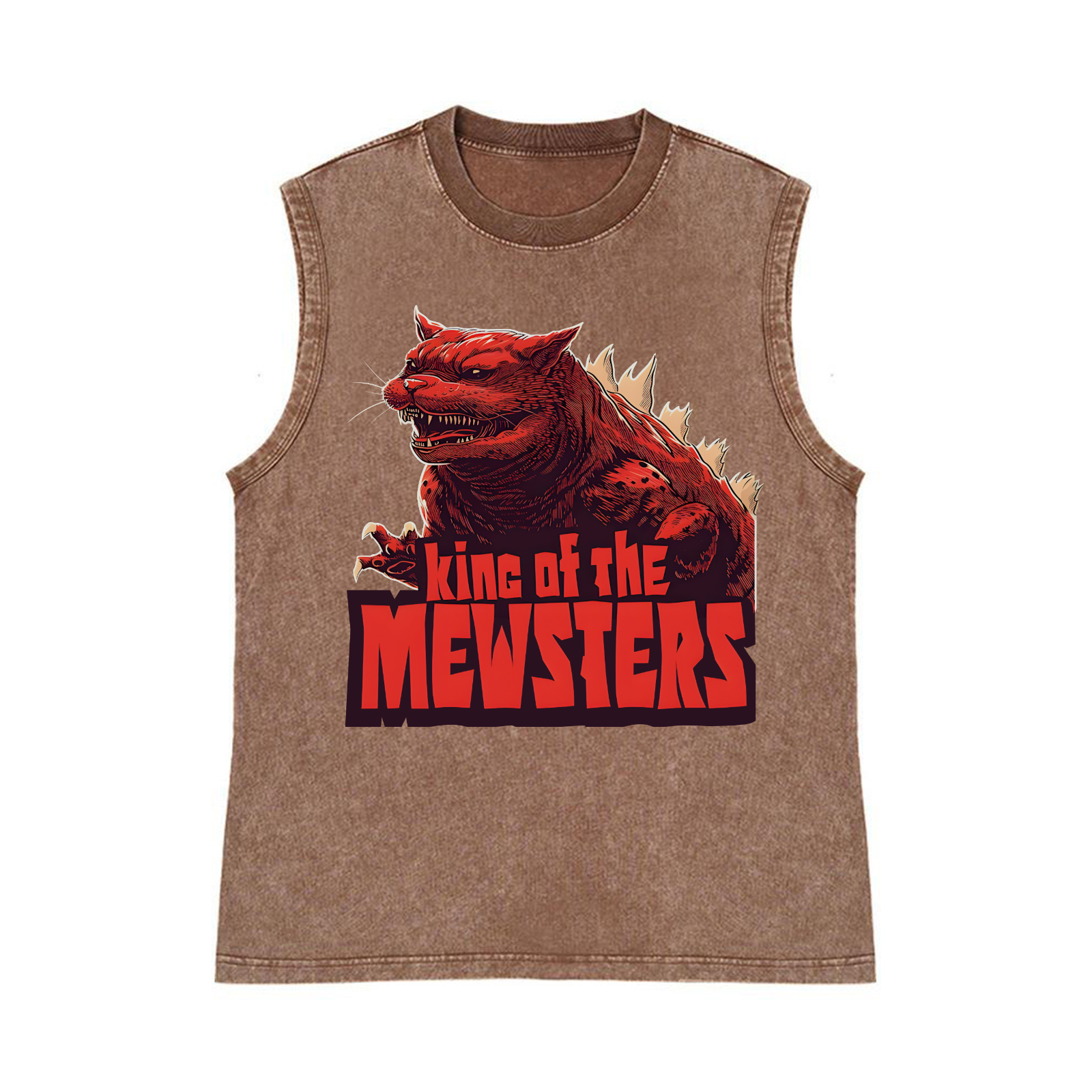 Cat Catzilla Kaiju King Of The Mewsters Pure Cotton Wash-Dyed Sleeveless Tank Top