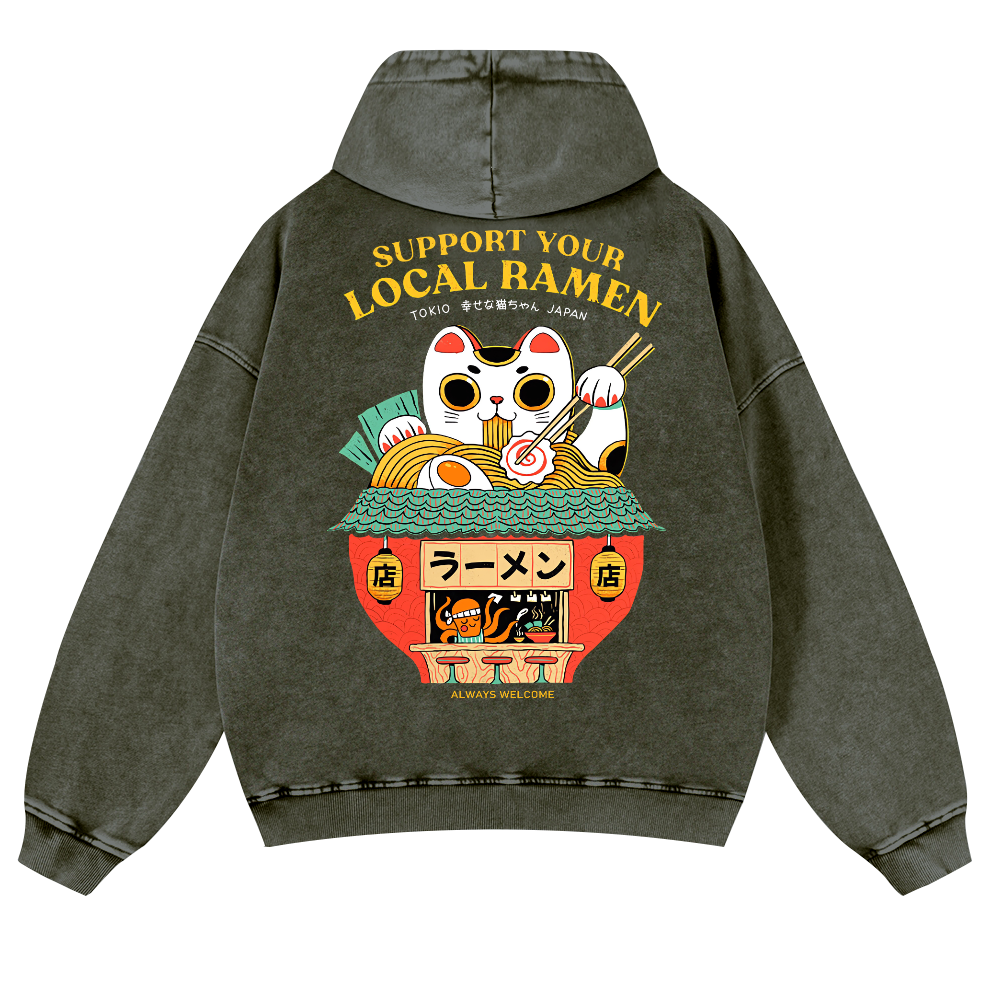 Ramen Lucky Cat Vintage Washed Cotton Back Art Hoodie