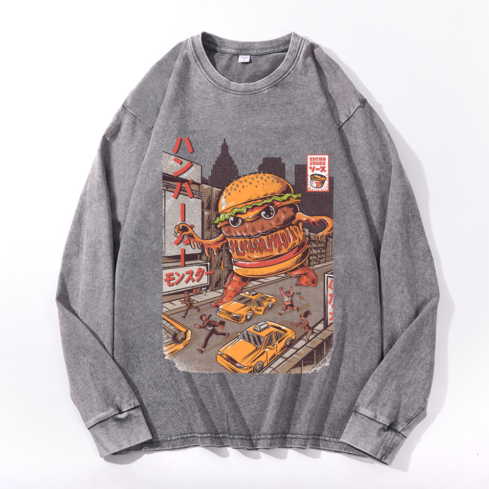 Hamburger Vintage Cotton Wash Crewneck Long-Sleeve T-Shirt