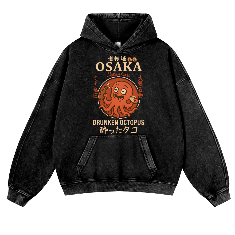 Osaka Dotonbori Drunken Octopus Vintage Washed Thick Cotton Hoodie