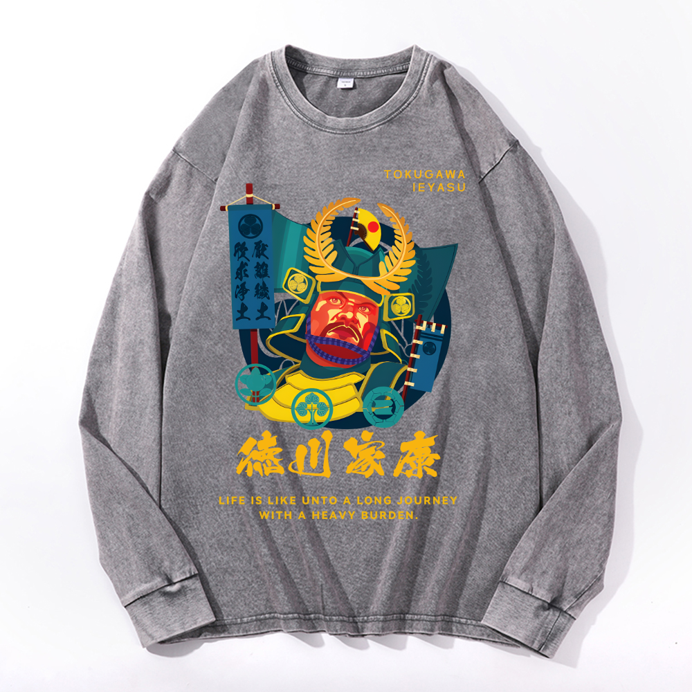 Tokugawa Ieyasu Vintage Cotton Wash Crewneck Long-Sleeve T-Shirt