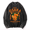 Osaka Dotonbori Drunken Octopus Vintage Cotton Wash Crewneck Long-Sleeve T-Shirt