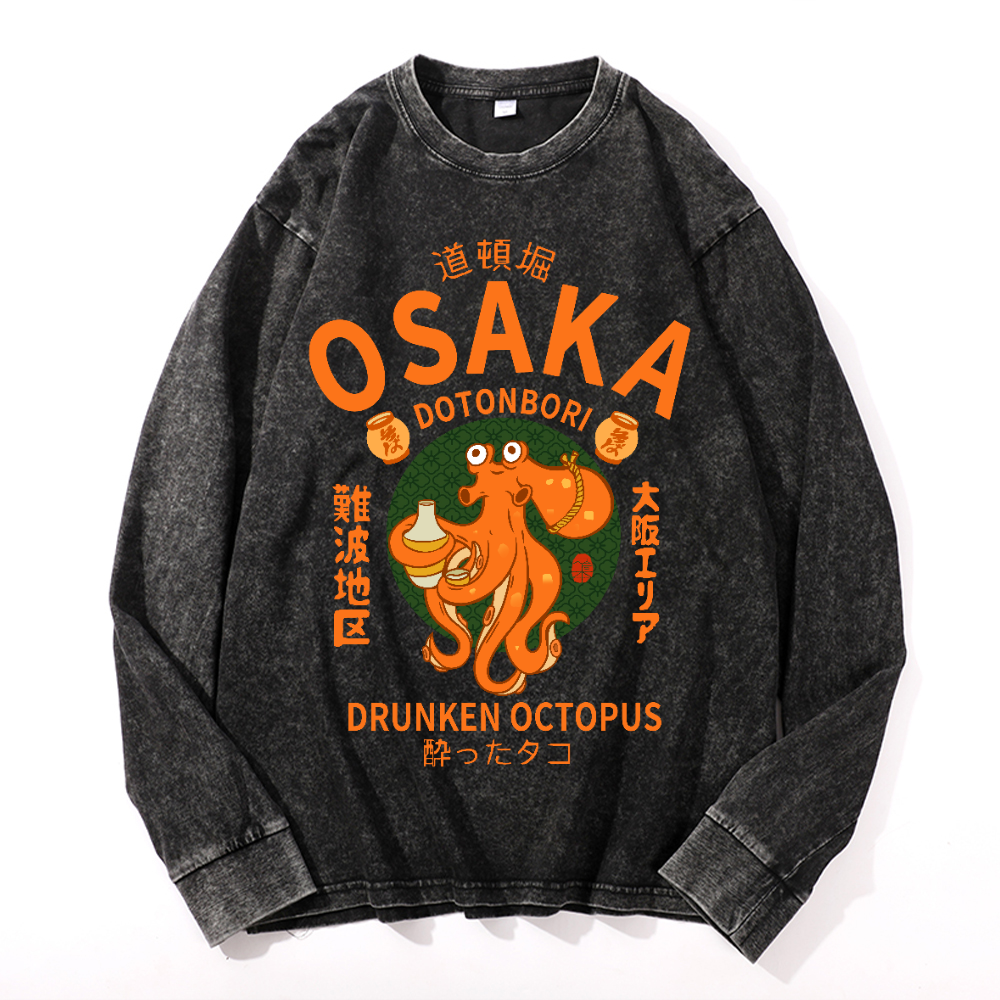 Osaka Dotonbori Drunken Octopus Vintage Cotton Wash Crewneck Long-Sleeve T-Shirt