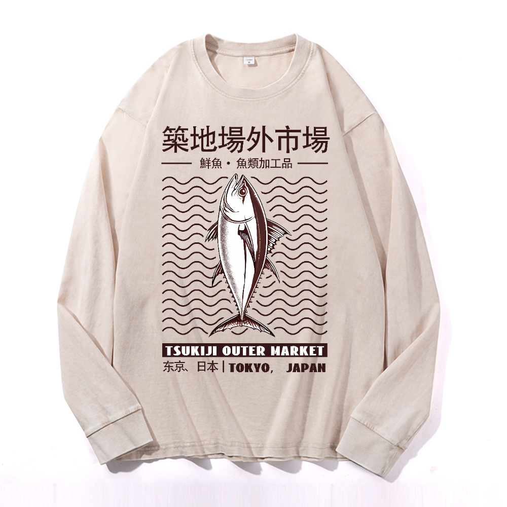 Tsukiji Market Vintage Cotton Wash Crewneck Long-Sleeve T-Shirt