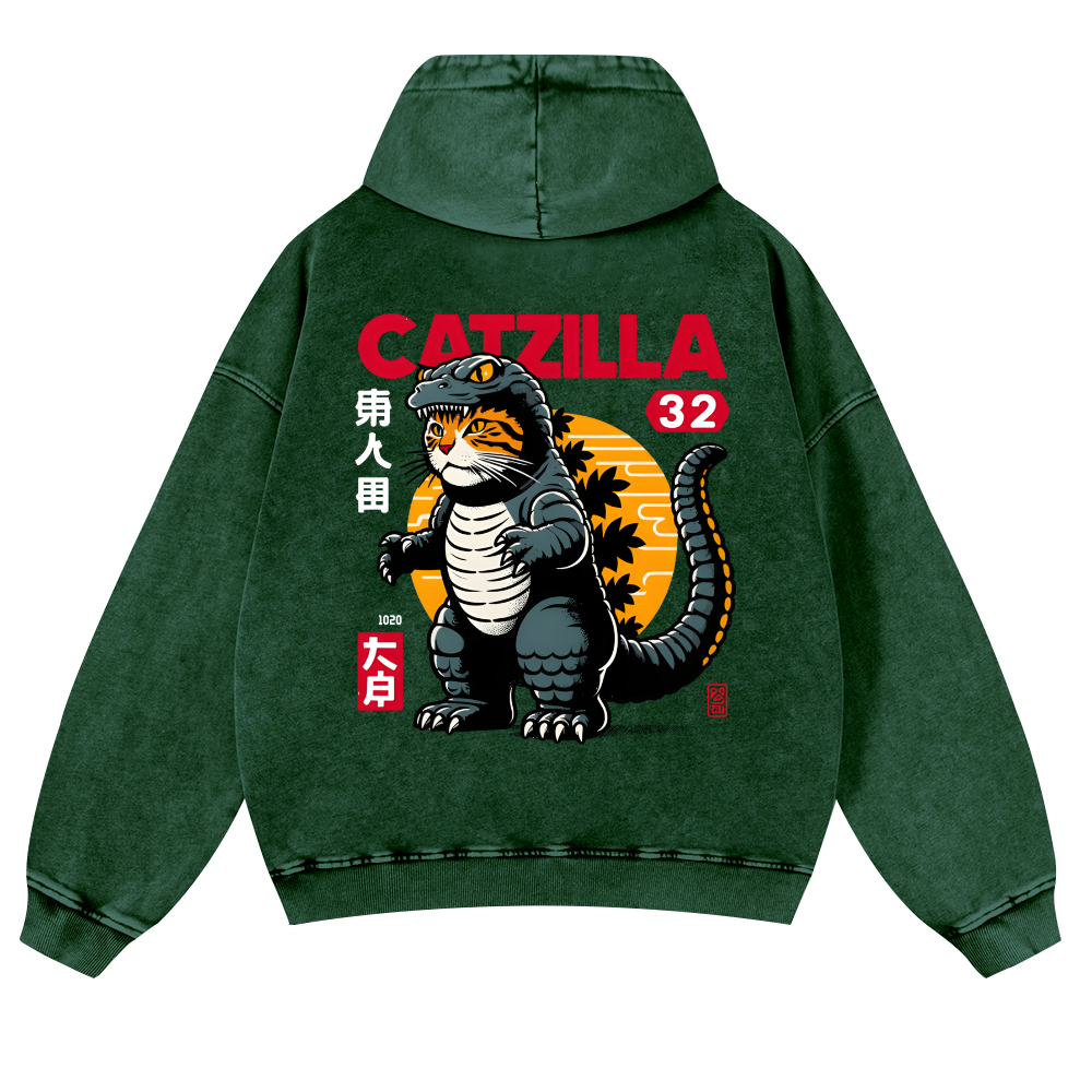 Cat Kaiju Catzilla Vintage Washed Cotton Back Art Hoodie
