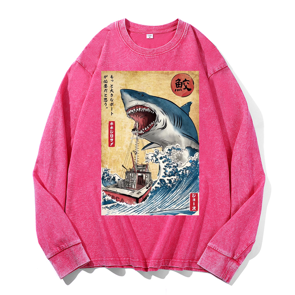 Shark Ukiyoe Vintage Cotton Wash Crewneck Long-Sleeve T-Shirt