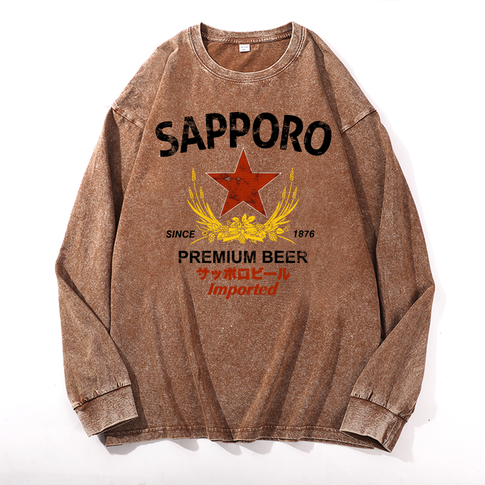 Sapporo Beer Vintage Cotton Wash Long-sleeve T-shirt