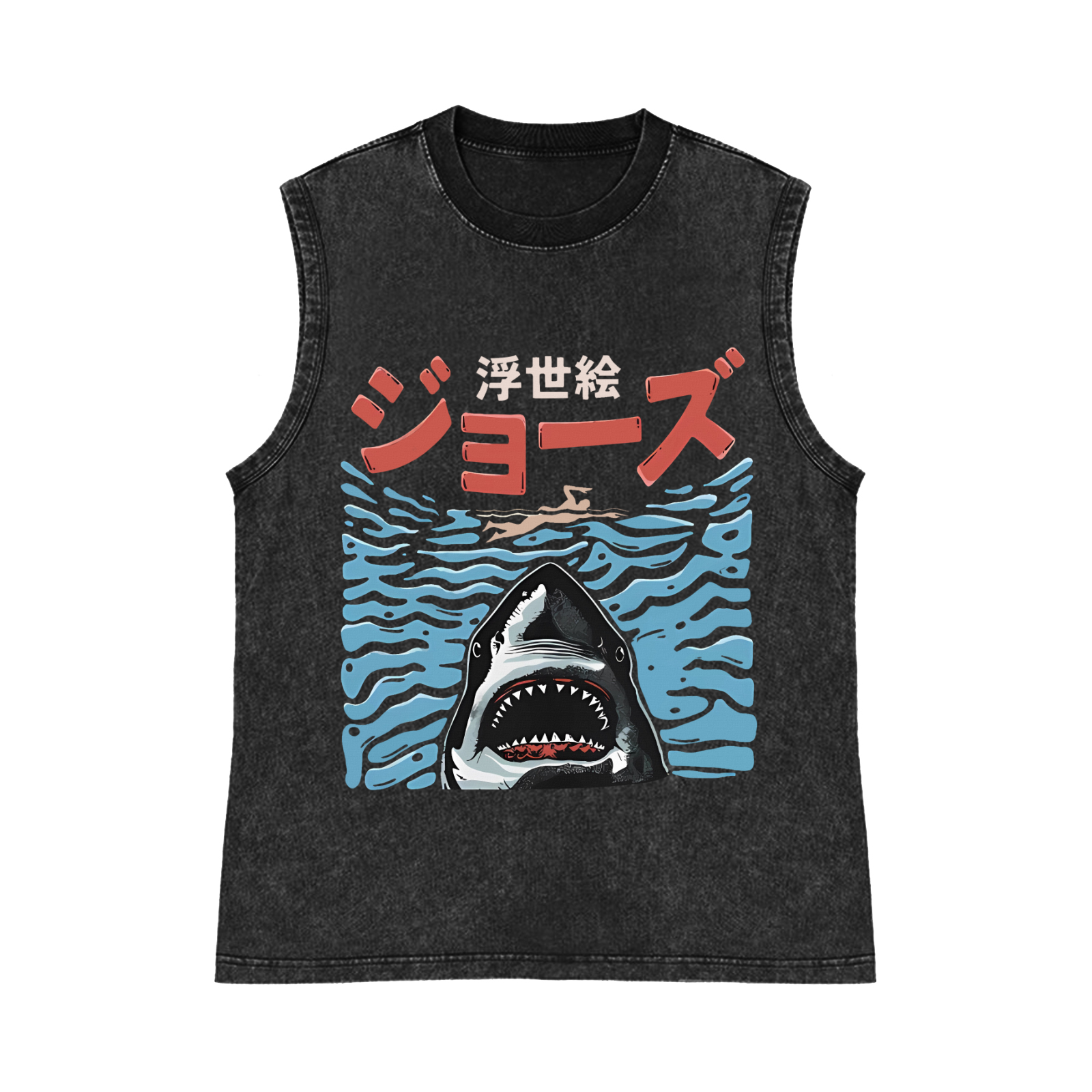 Ukiyoe Jaws Shark Pure Cotton Wash-Dyed Sleeveless Tank Top
