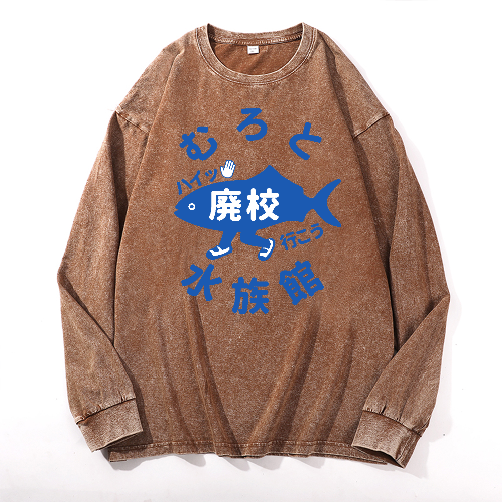 Aquarium Vintage Cotton Wash Crewneck Long-Sleeve T-Shirt