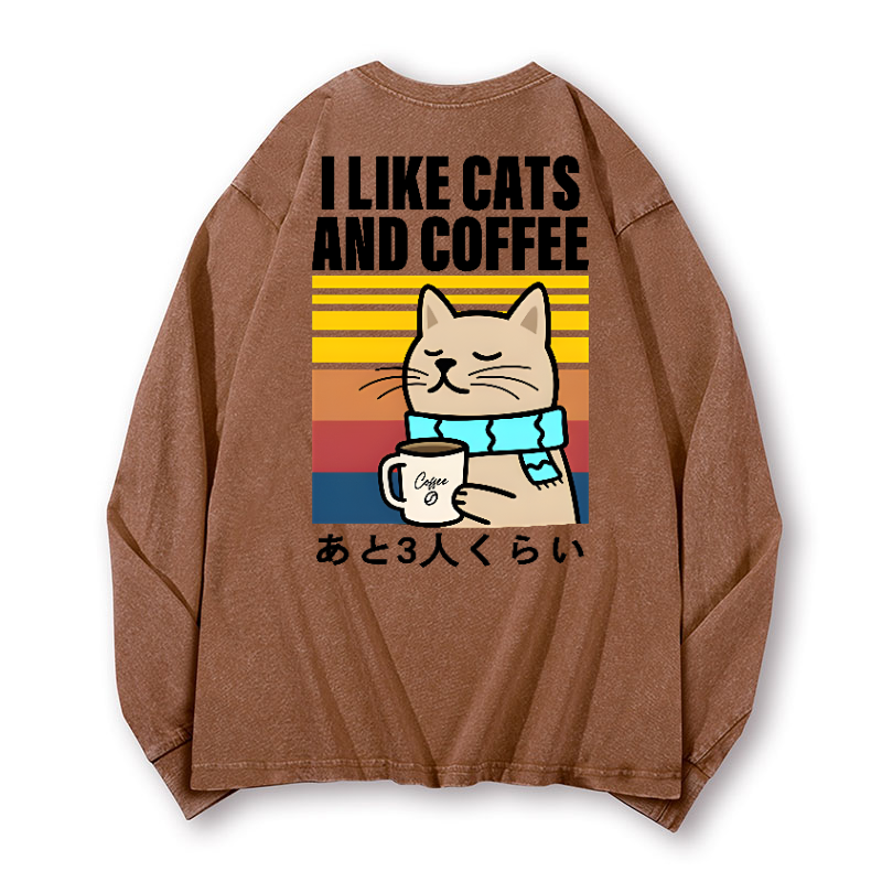 Cat Coffee Vintage Washed Cotton Back Art Long-sleeve T-shirt