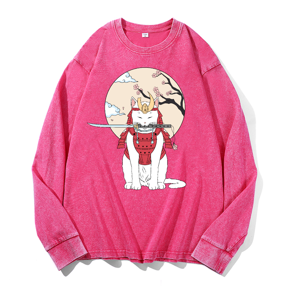 Samurai Cat Vintage Cotton Wash Crewneck Long-Sleeve T-Shirt
