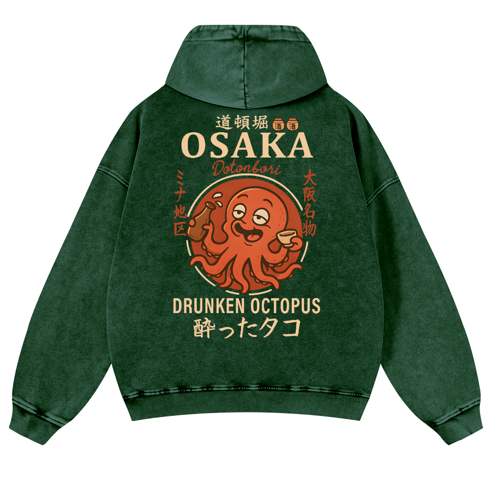 Osaka Dotonbori Drunken Octopus Vintage Washed Cotton Back Art Hoodie