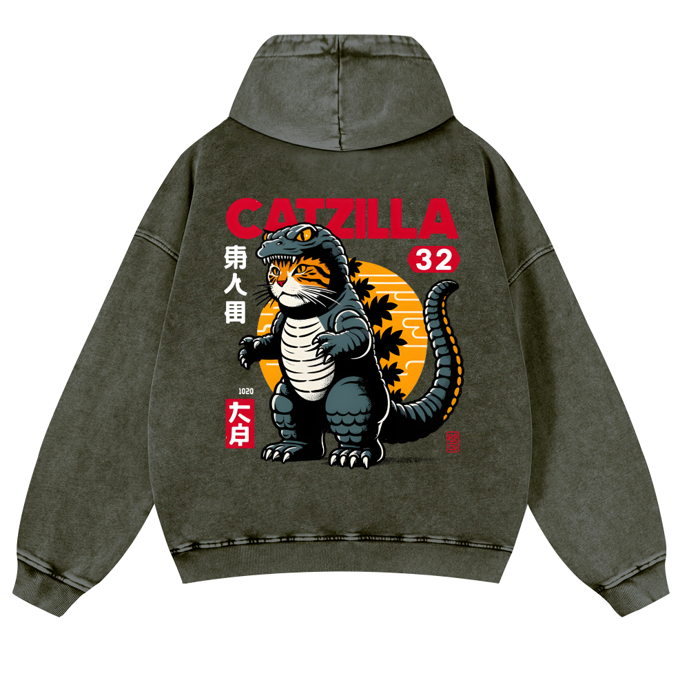 Cat Kaiju Catzilla Vintage Washed Cotton Back Art Hoodie