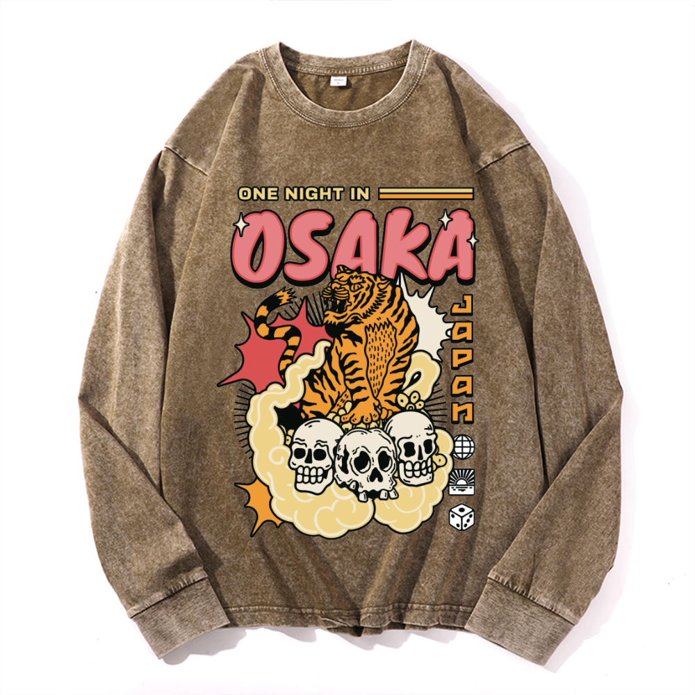 One Night in Osaka Tiger Vintage Cotton Wash Crewneck Long-Sleeve T-Shirt