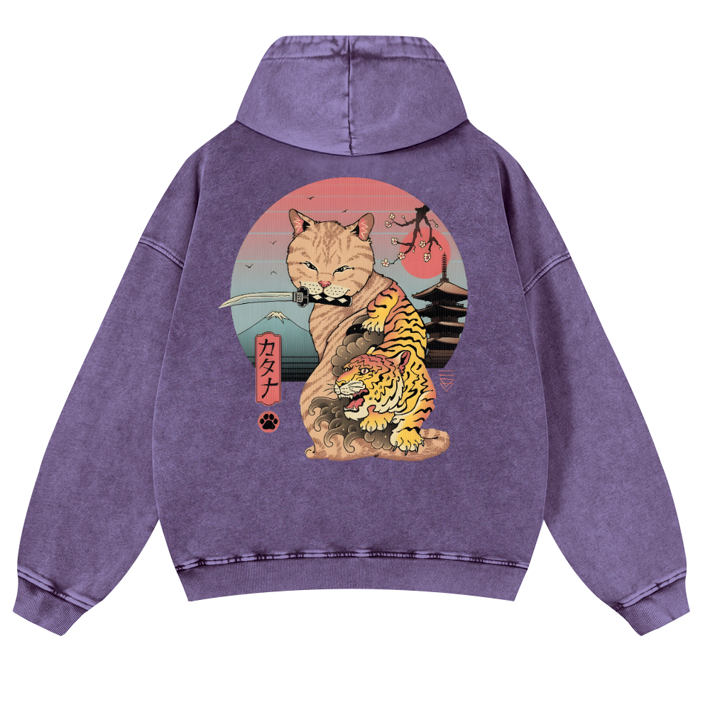 Japanese Cat Tiger Vintage Washed Cotton Back Art Hoodie