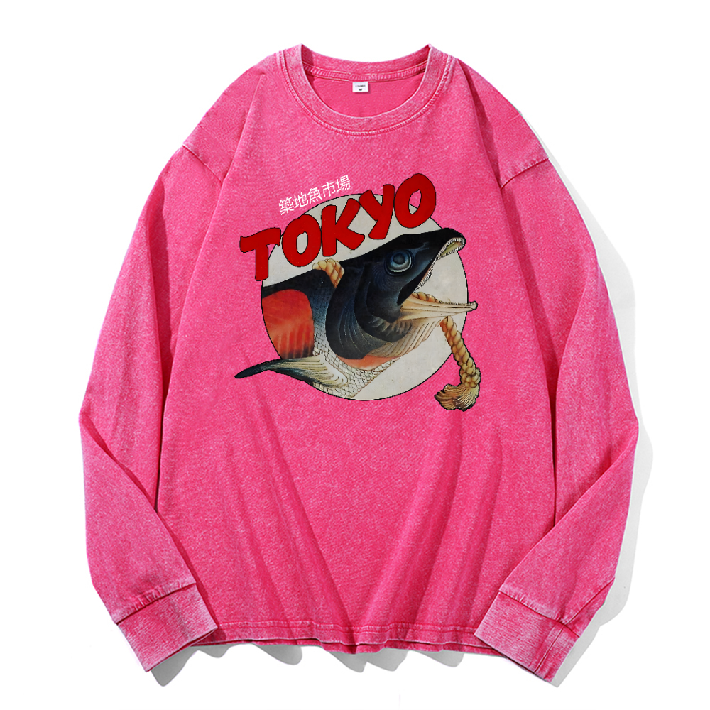 Tsukiji Market Vintage Cotton Wash Crewneck Long-Sleeve T-Shirt