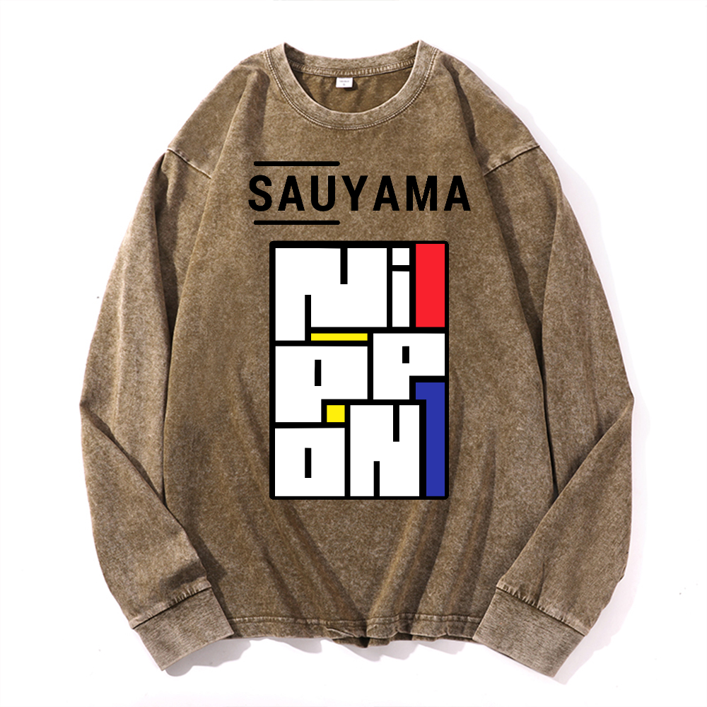 Sauyama Nippon Vintage Cotton Wash Crewneck Long-Sleeve T-Shirt