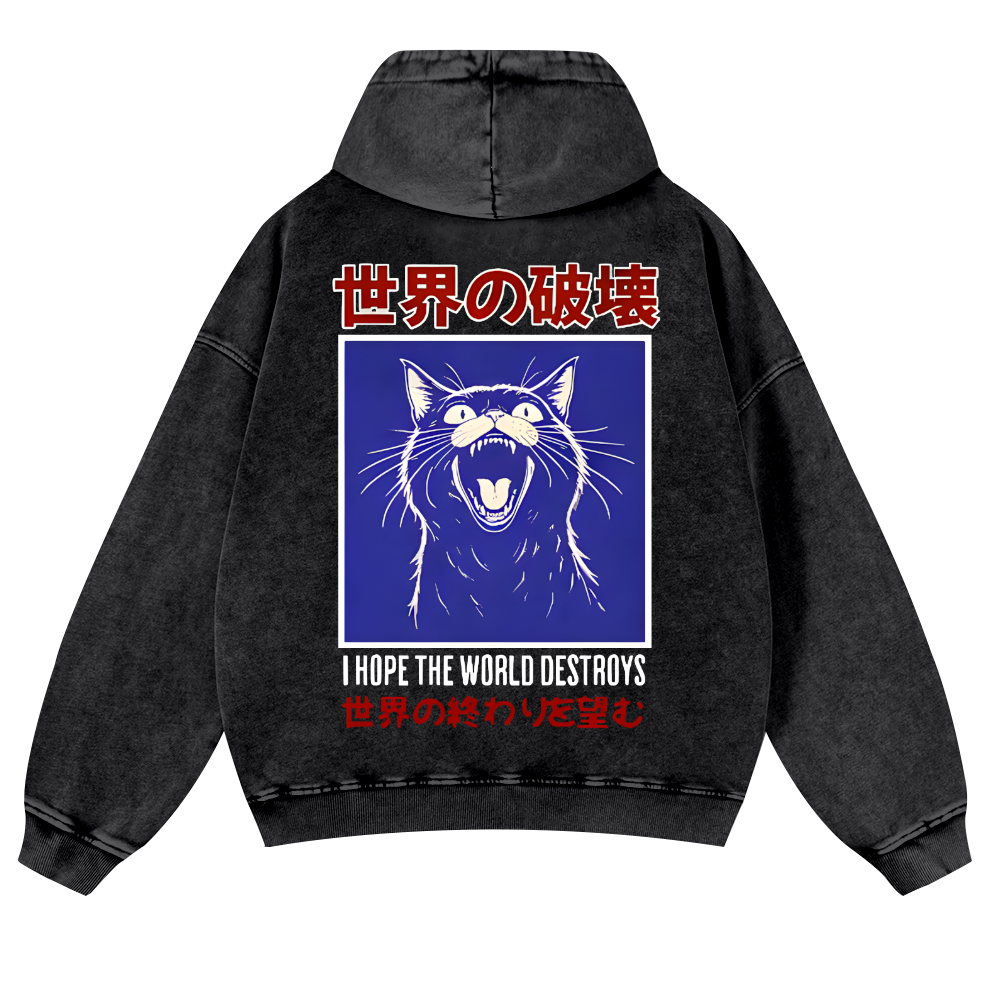 Cat Vintage Washed Cotton Back Art Hoodie