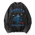 Shibuya Octopus Vintage Cotton Wash Crewneck Long-Sleeve T-Shirt