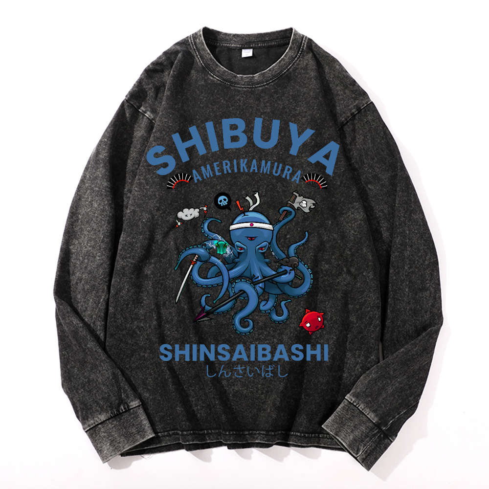 Shibuya Octopus Vintage Cotton Wash Crewneck Long-Sleeve T-Shirt