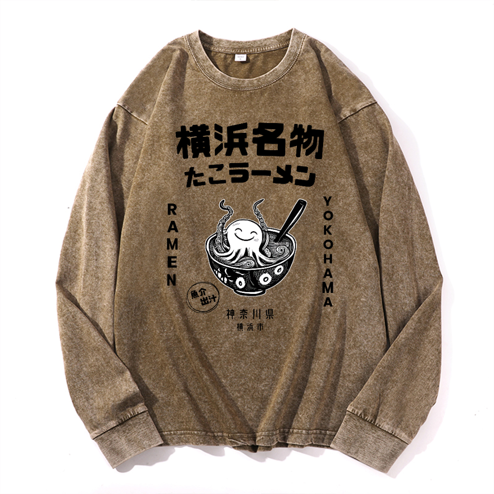 Yokohama Ramen Octopus Vintage Cotton Wash Crewneck Long-Sleeve T-Shirt
